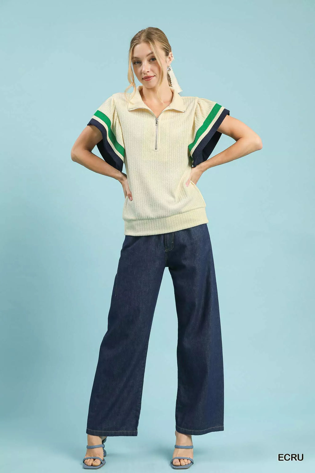 Umgee Textured Half Zip Top with Striped Flutter Sleeves
