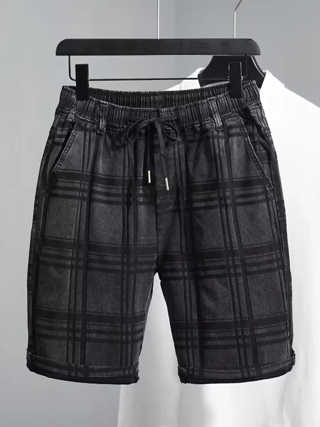 Men's Plus Size Plaid Pattern Elastic Waist Denim Shorts