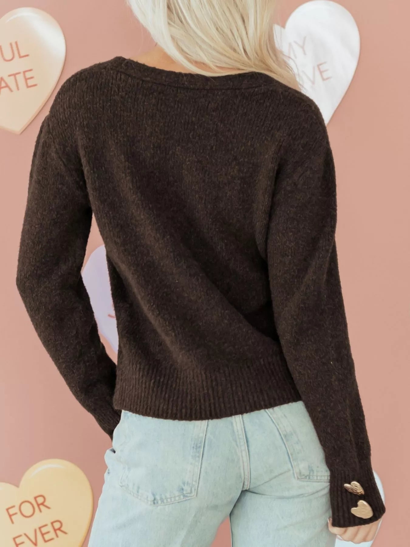 Heart Metal Button V Neck Cardigan Sweater