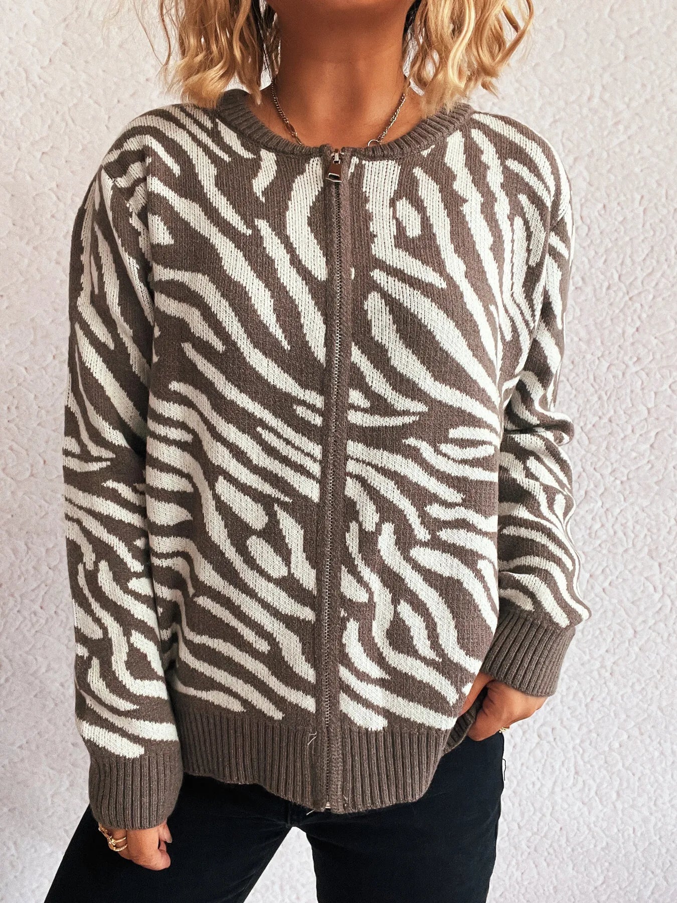 Zebra Print Zip Up Cardigan