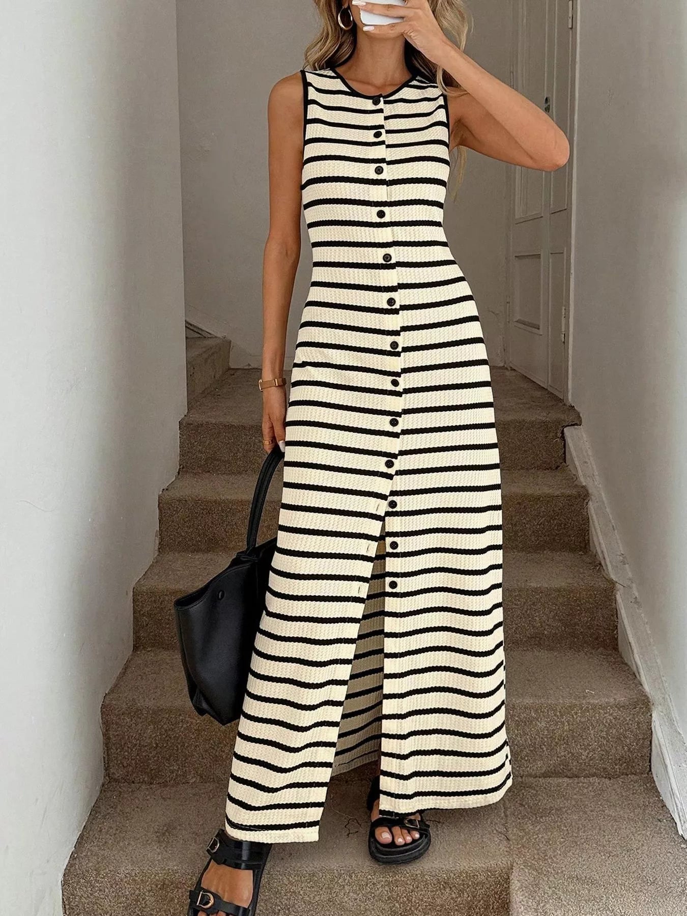 Striped Button-Front Sleeveless Slit Maxi Dress