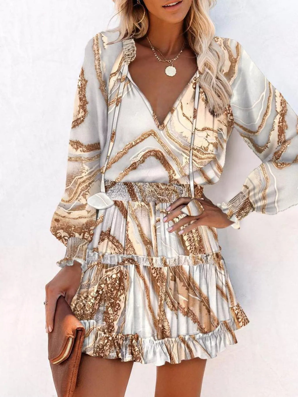 Tie Neck Lantern Sleeve Dress