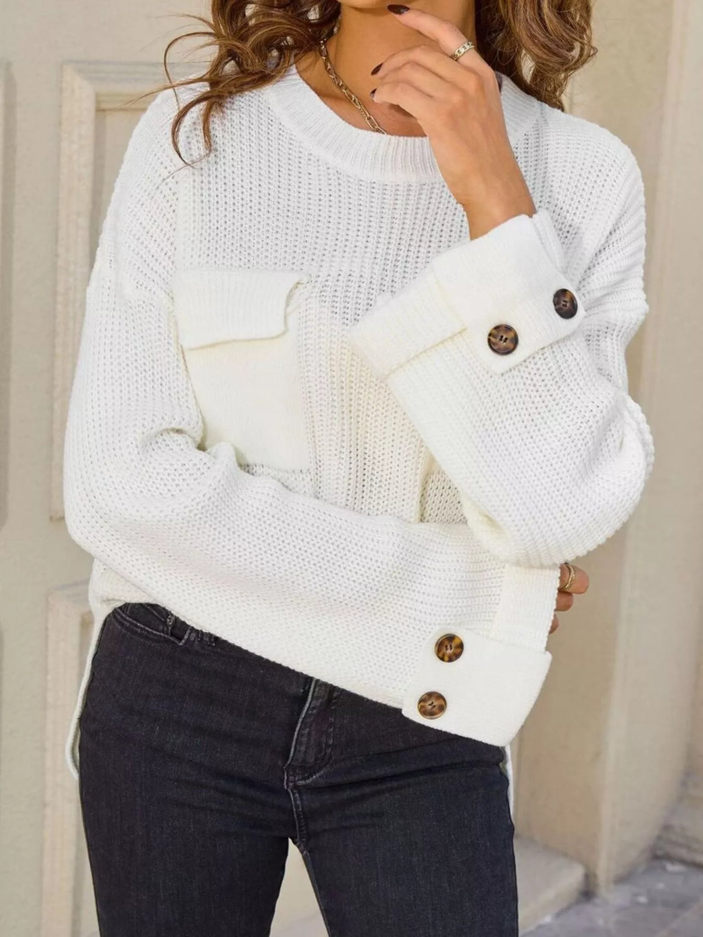 Pocket Detail Round Neck Sweater