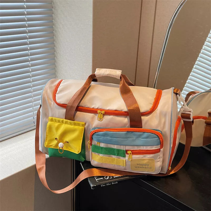 Color Block Pocketed Travel Duffel Bag
