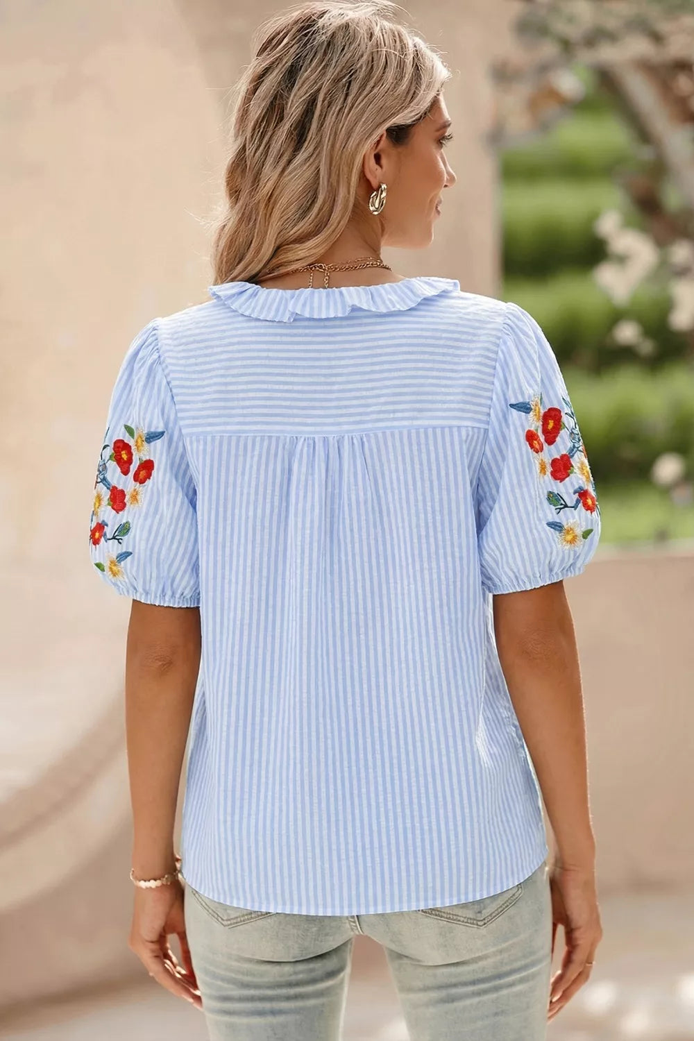 Stripe Floral Embroidered Puff Sleeve Ruffle Trim Shirt