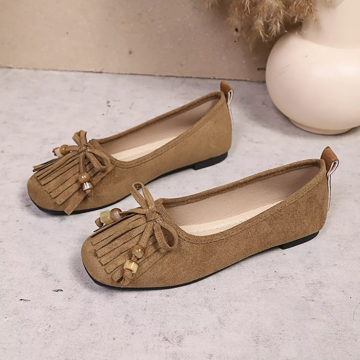 Suede Fringe Slip-Ons