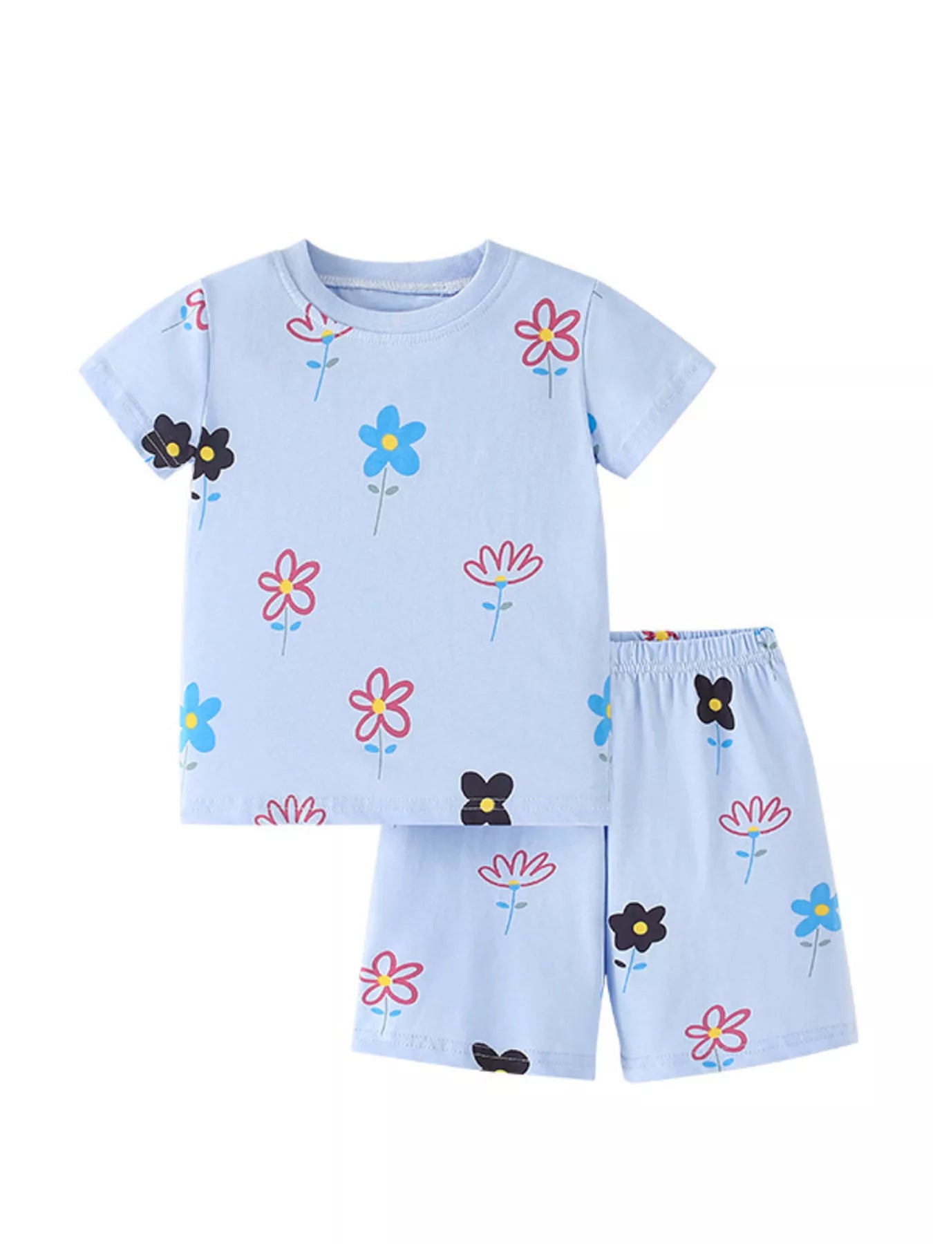 Children's Floral Print Round Neck Top and Shorts Set