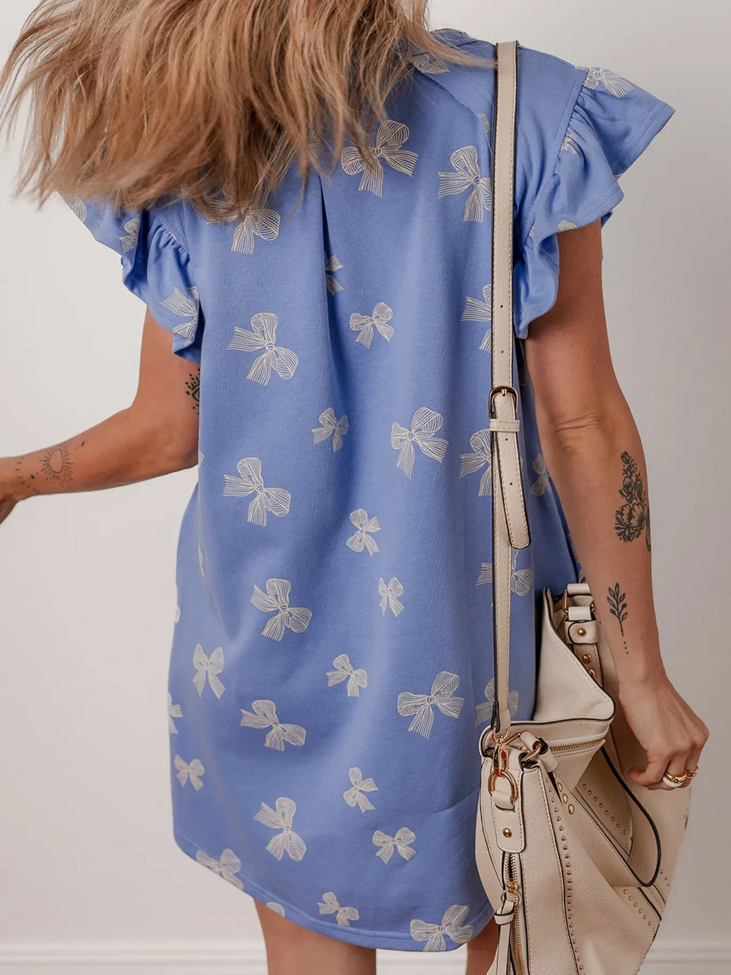 Bow Knot Print Crewneck Ruffled Sleeve Shift Mini Dress