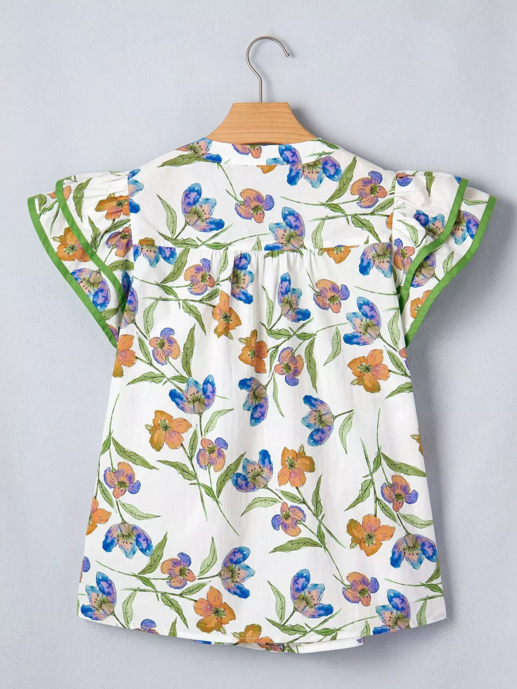 Floral Print Ruffle V-Neck Pressed Pleats Binding Tape Cotton Blouse
