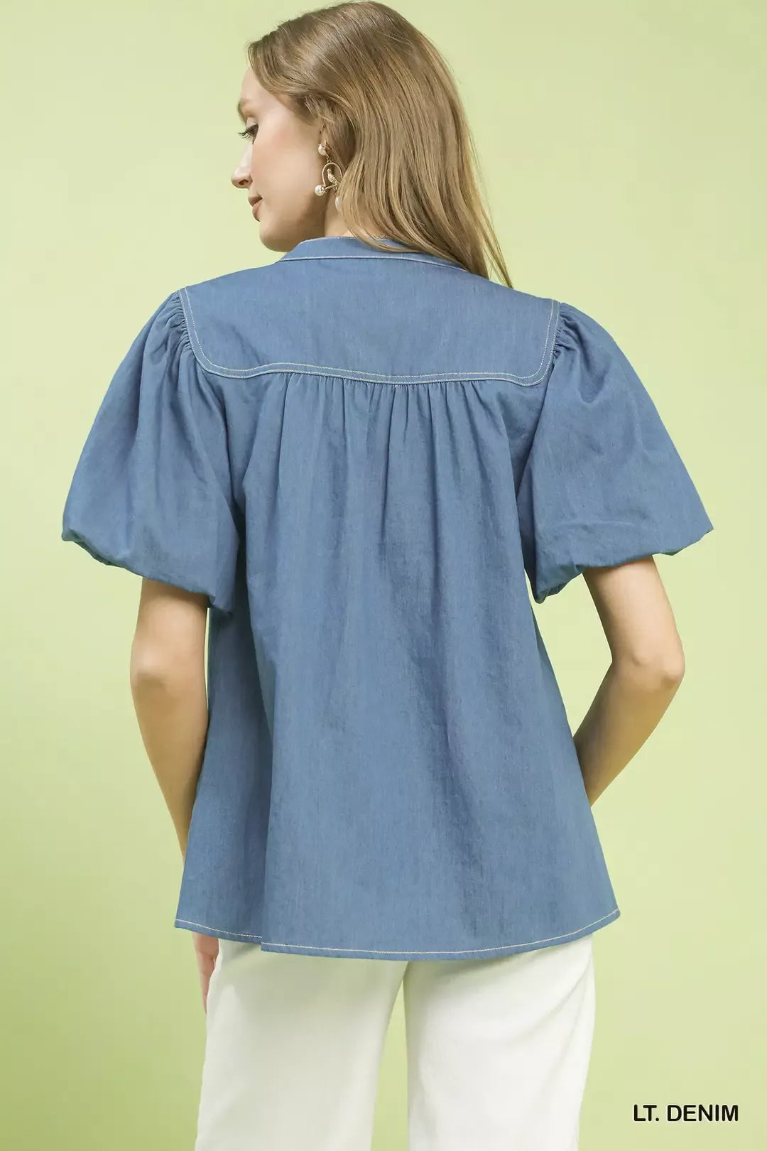 Umgee Denim Button Front Puff Sleeve Boho Blouse
