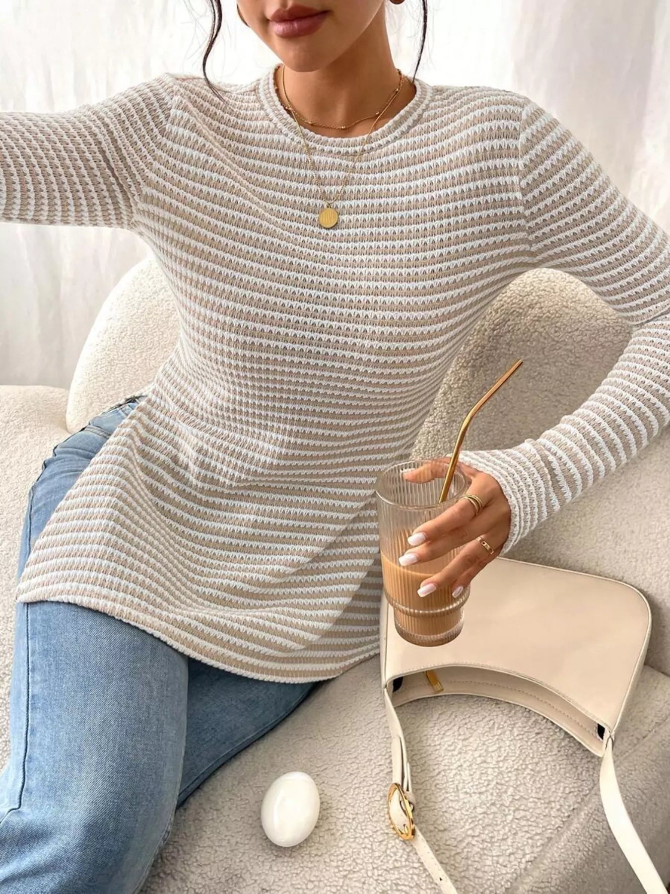 Slit Striped Long Sleeve Casual T-Shirt