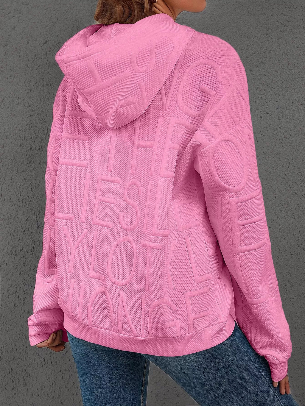 Full Size Textured Embossed Long Sleeve Hoodie Plus Size