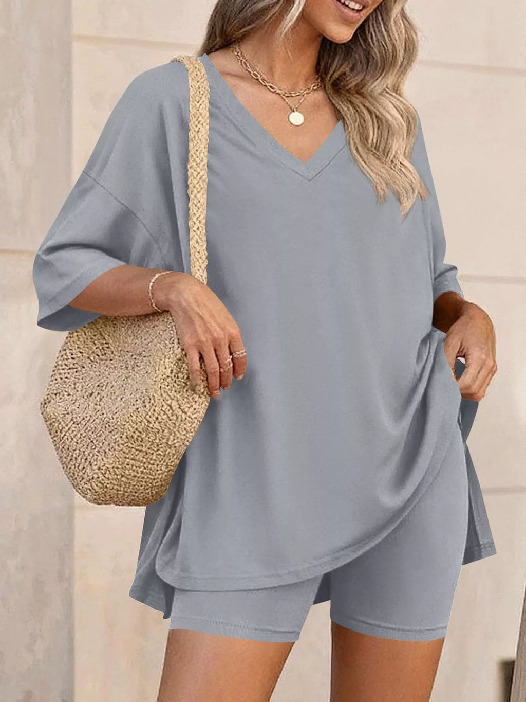 Full Size Casual Loose V-Neck T-Shirt & Shorts Set Plus Size