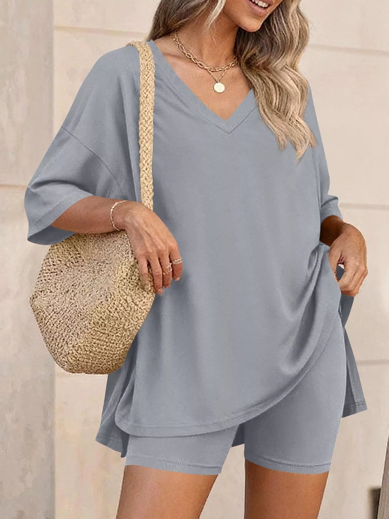 Full Size Casual Loose V-Neck T-Shirt & Shorts Set Plus Size