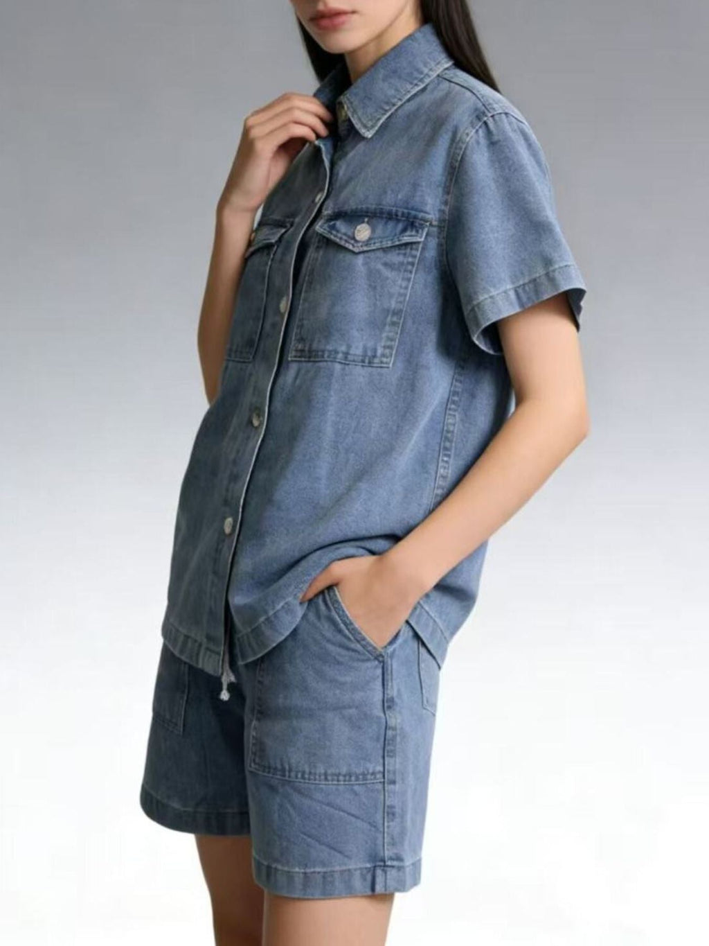 Button Up Short Sleeve Top and Shorts Denim Set