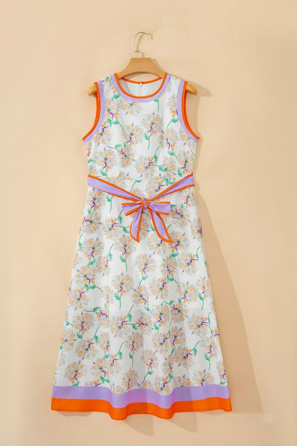 Floral Print Color Block Trim Belted Sleeveless Dress