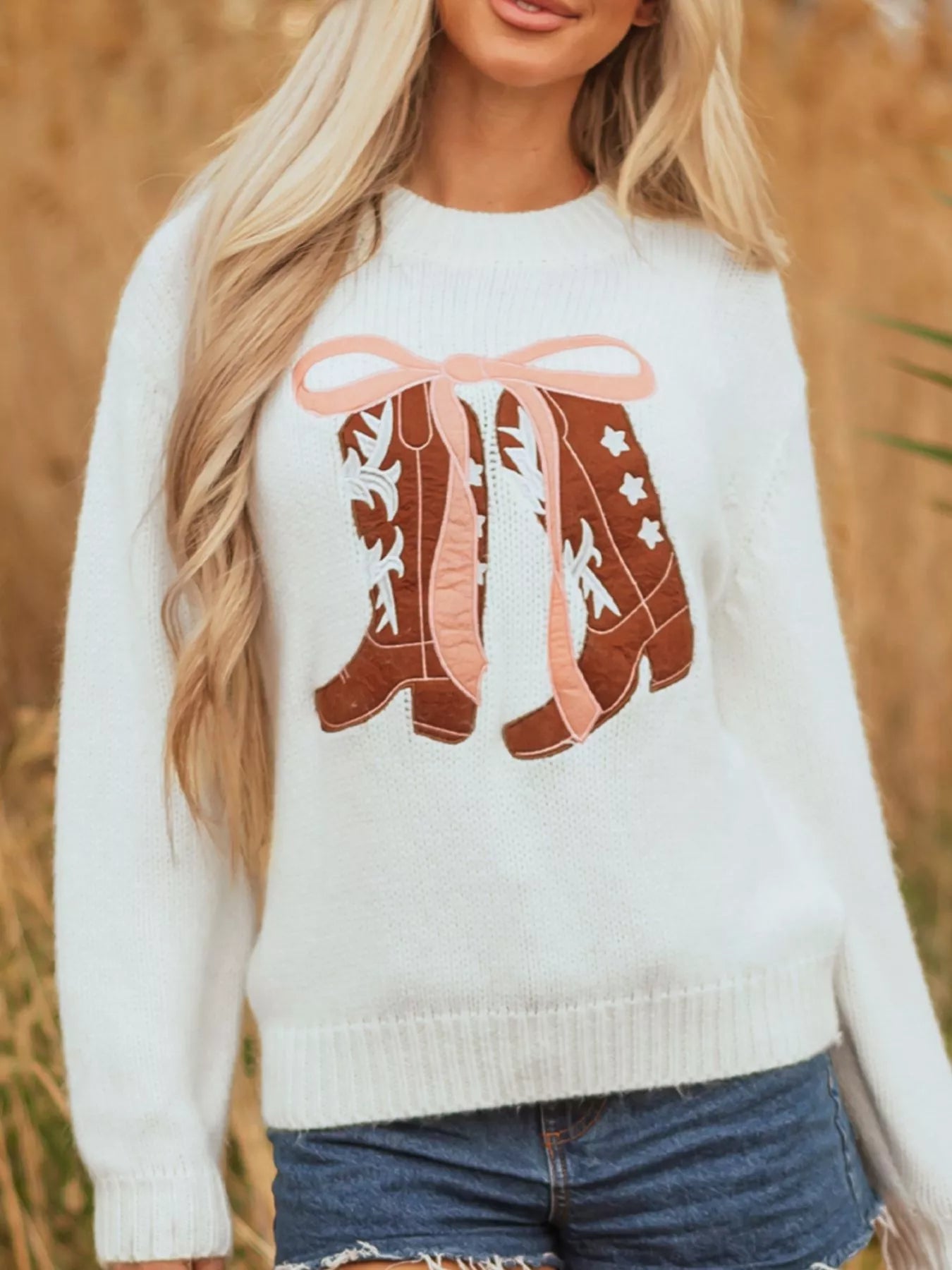 Embroidered Bow Boots Graphic Drop Shoulder Sweater