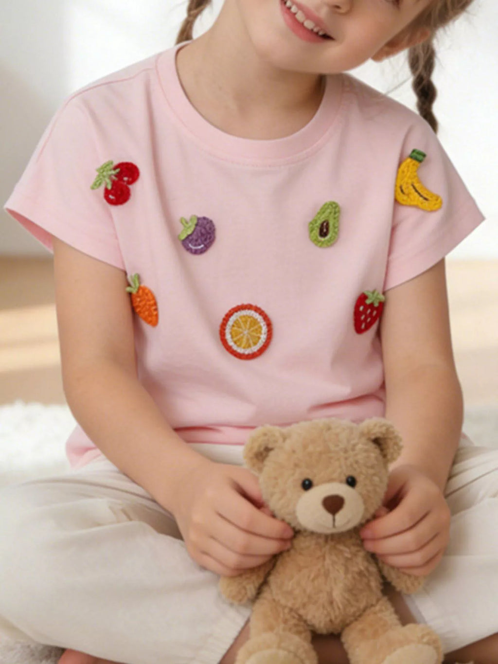 Children's Fruit Applique Round Neck T-Shirt