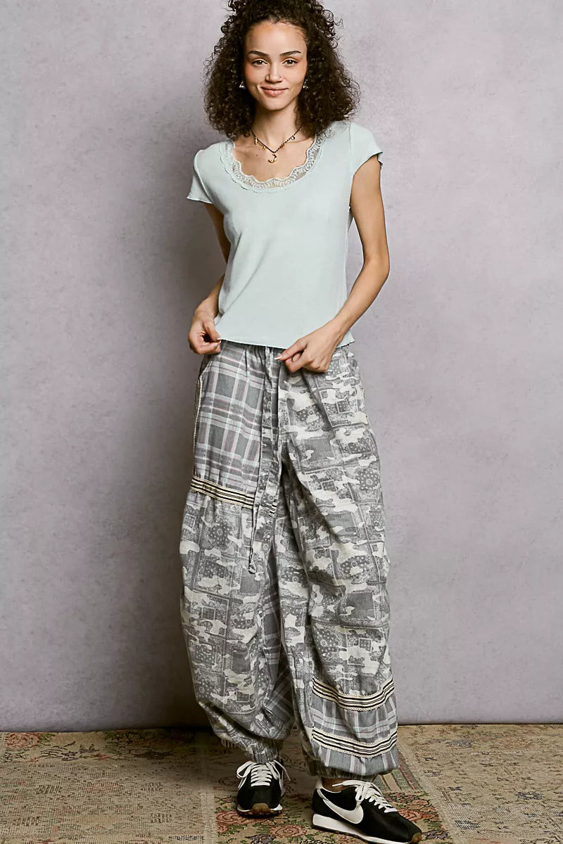 POL Round Neck Short Sleeve Crop T-Shirt with Lace Trim