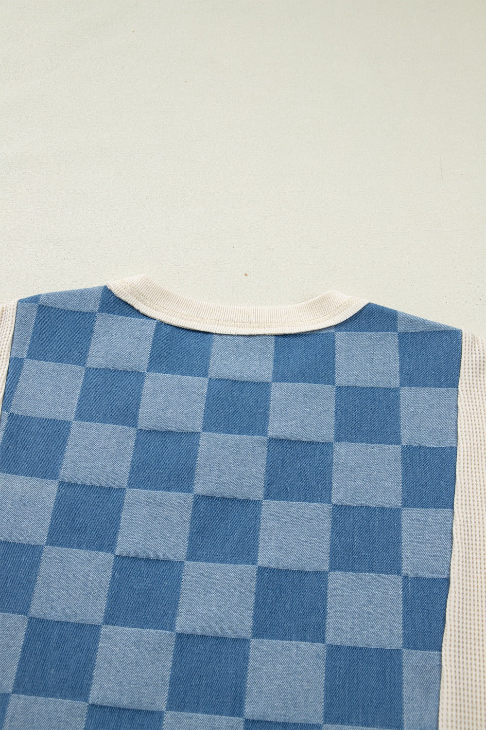 Checkered Denim Patchwork Short Sleeve Loose Top