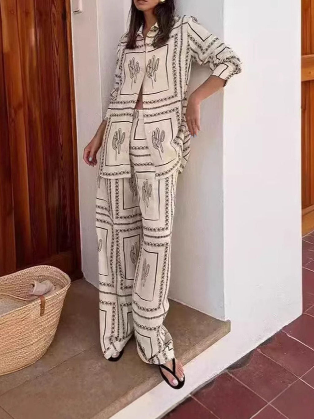Cactus Print Button Up Shirt and Pants Set