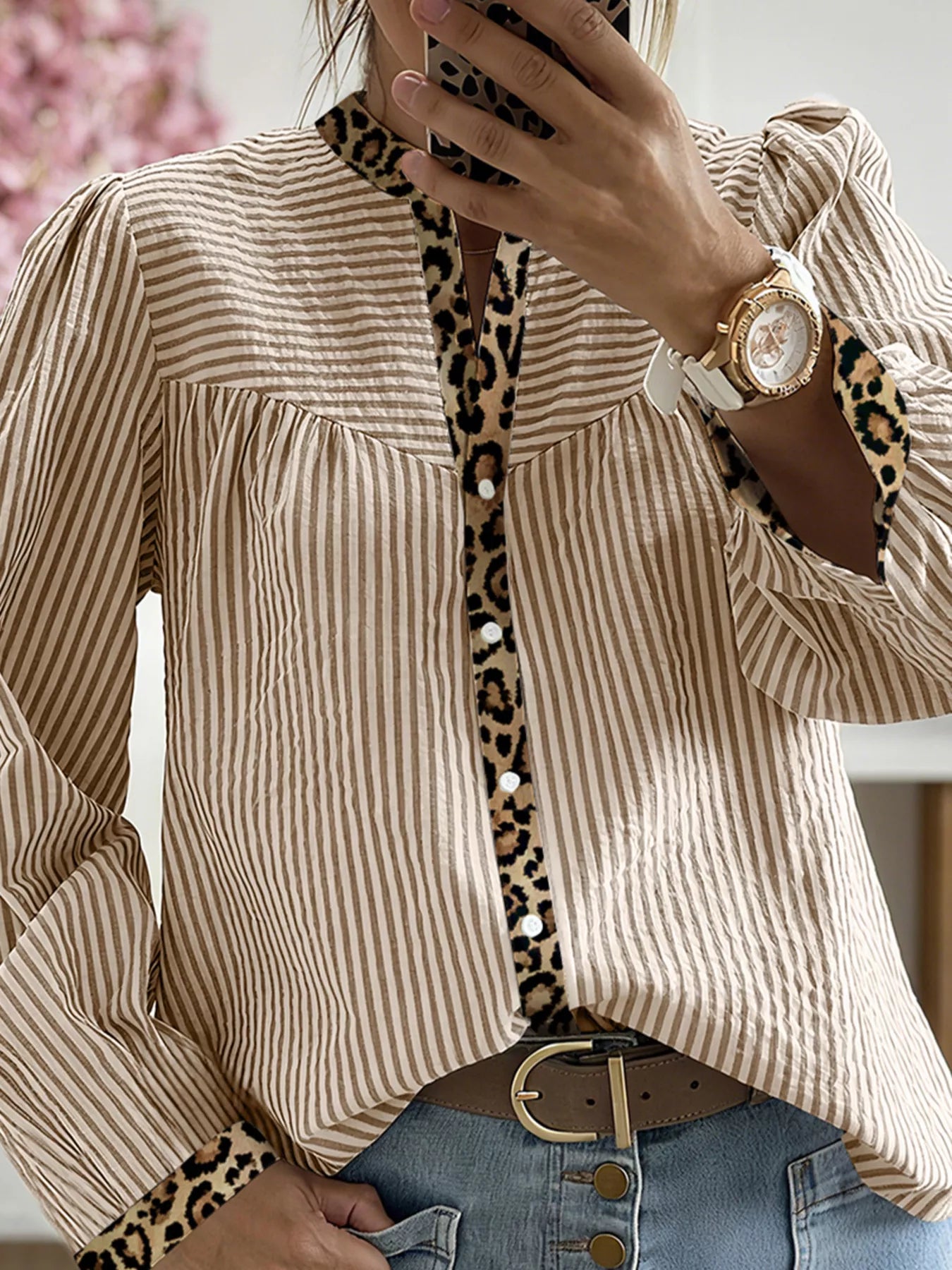 Stripe Leopard Patchwork Long Sleeve Shirt