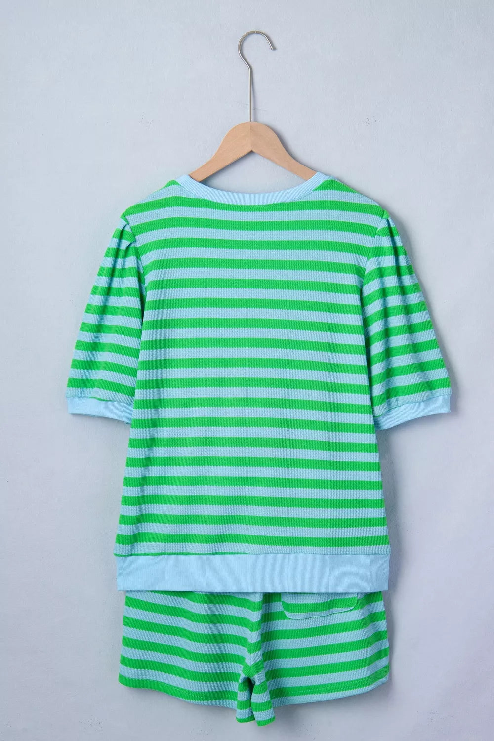 Stripe Colorblock Detail Puff Sleeve Top Drawstring Shorts 2pcs Outfit