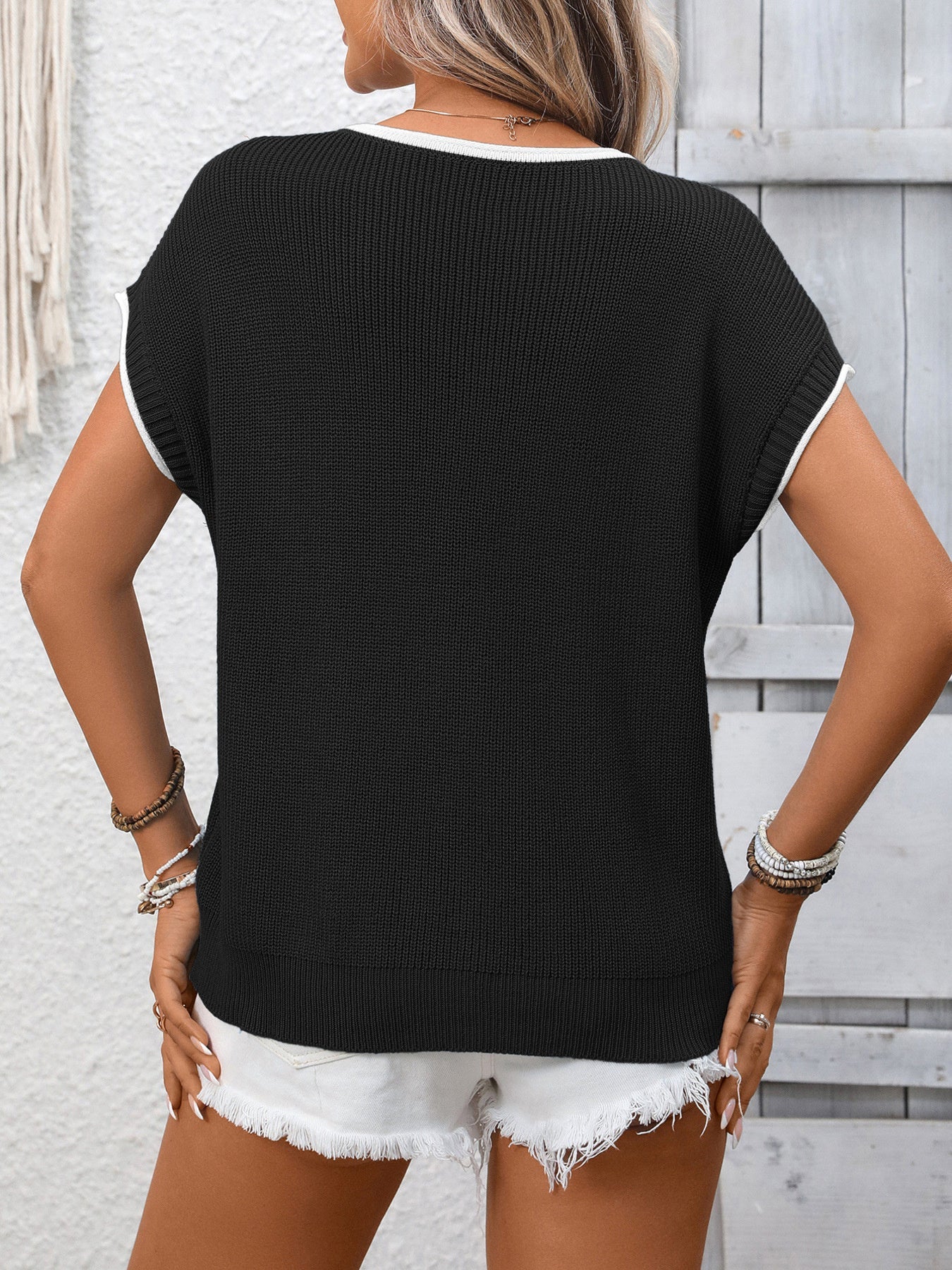 Contrast Trim Short Sleeve Sweater