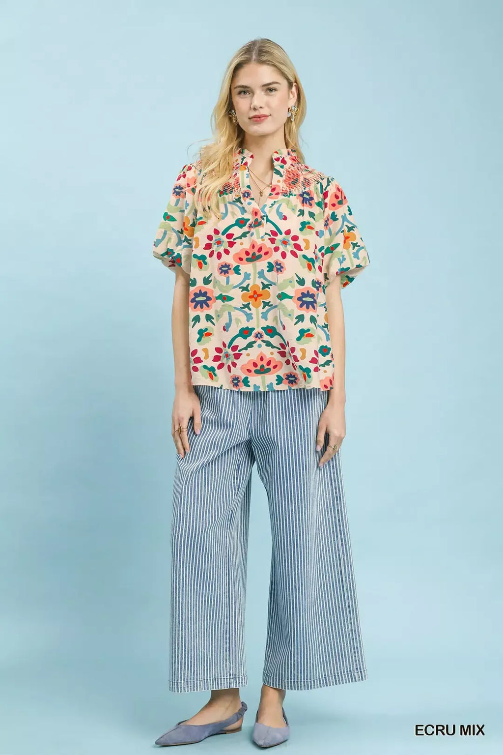 Umgee Folk Art Print Top with Smocked Detail