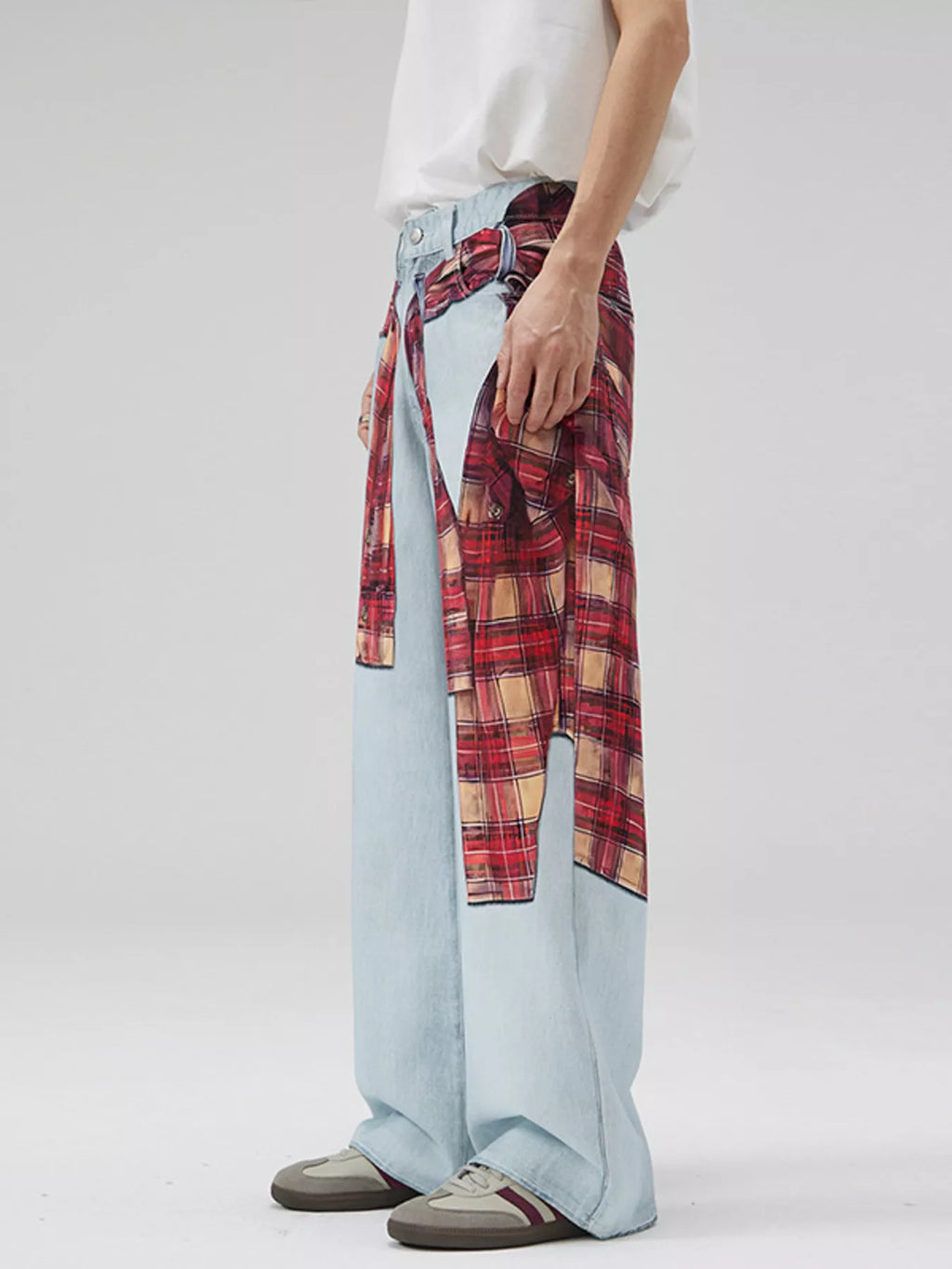 Men's Full Size Plaid Patchwork Wide Leg Jeans Plus Size