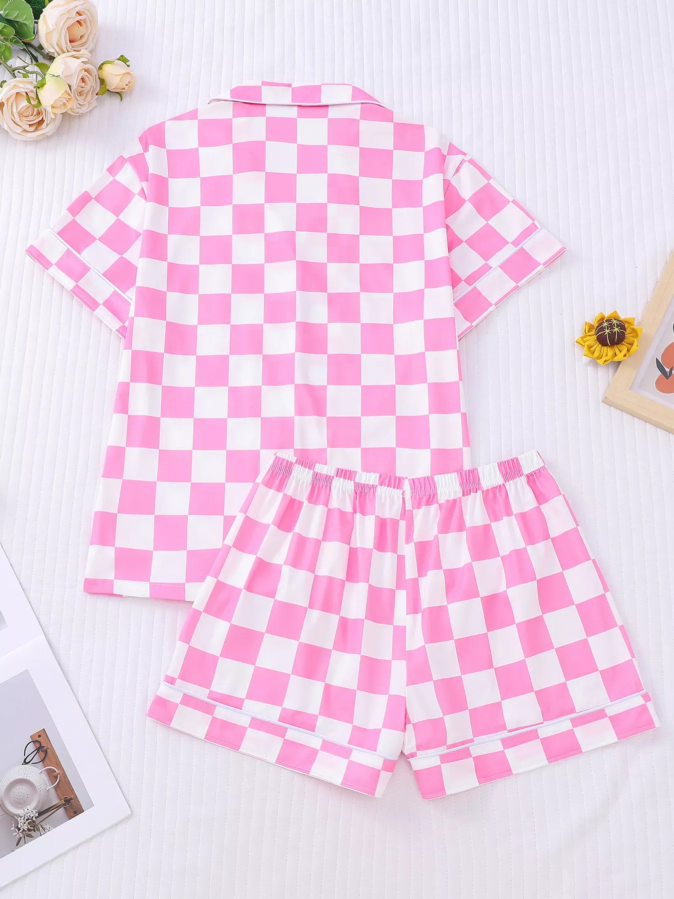 Checkered Print Button Up Top and Shorts Lounge Set