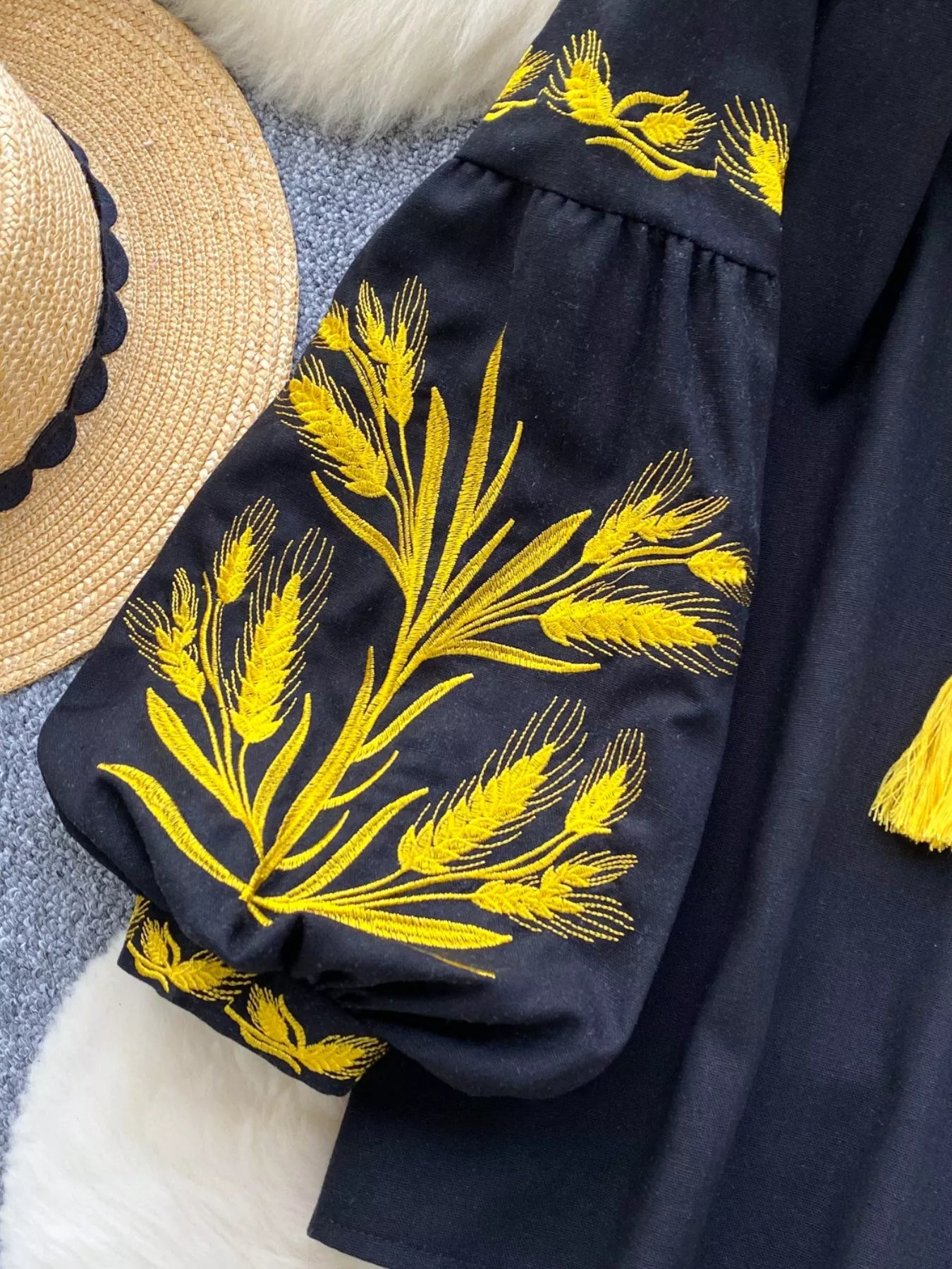 Embroidered Wheat Pattern Tie Neck Blouse