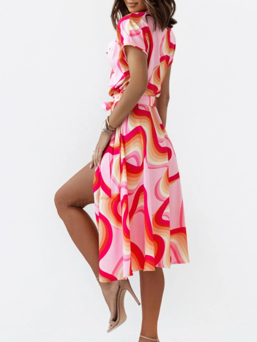 Printed Button Front Midi Dress with Belt