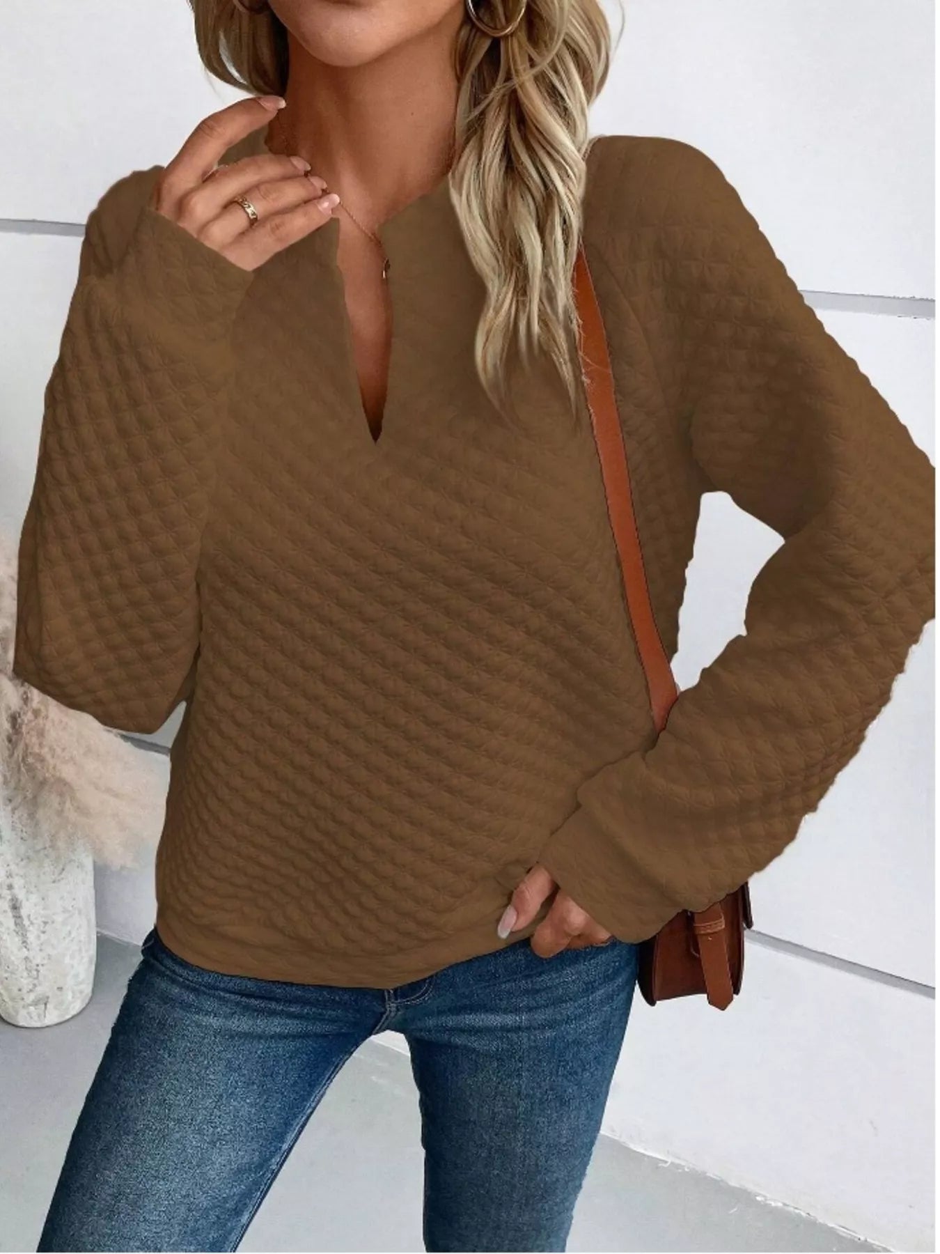 Textured Notched Raglan Sleeve Sweatshirt