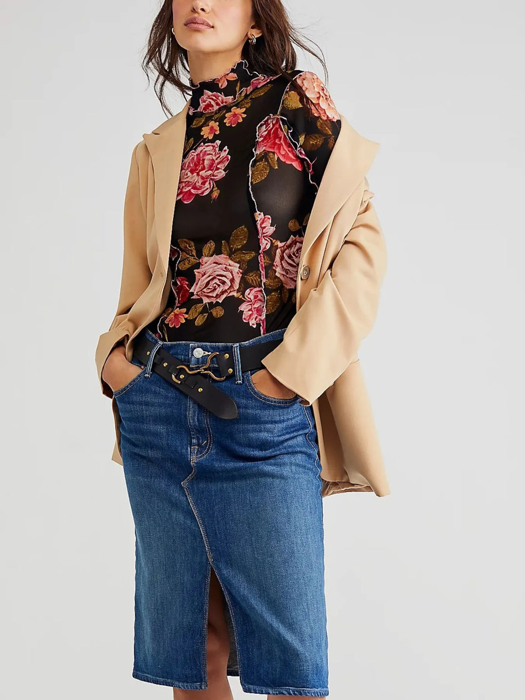 Floral Print Mock Neck Long Sleeve Top