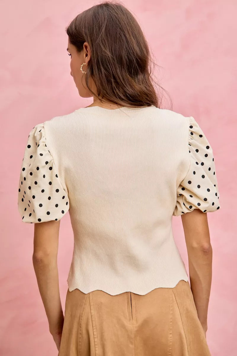 SO ME Polka Dot Contrast Woven Ballon Sleeve Blouse