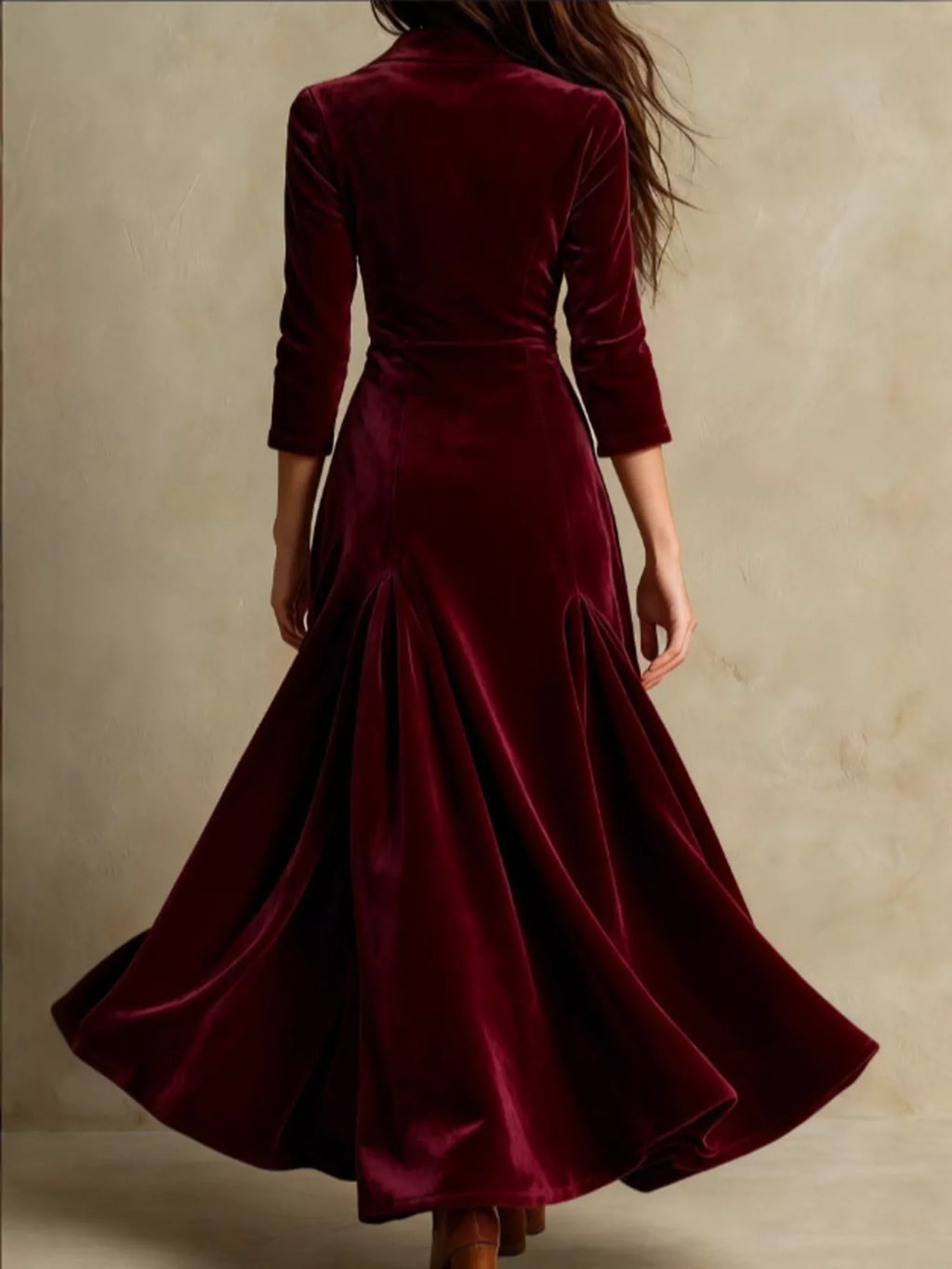 Velvet Button Front 3/4 Sleeve Maxi Dress