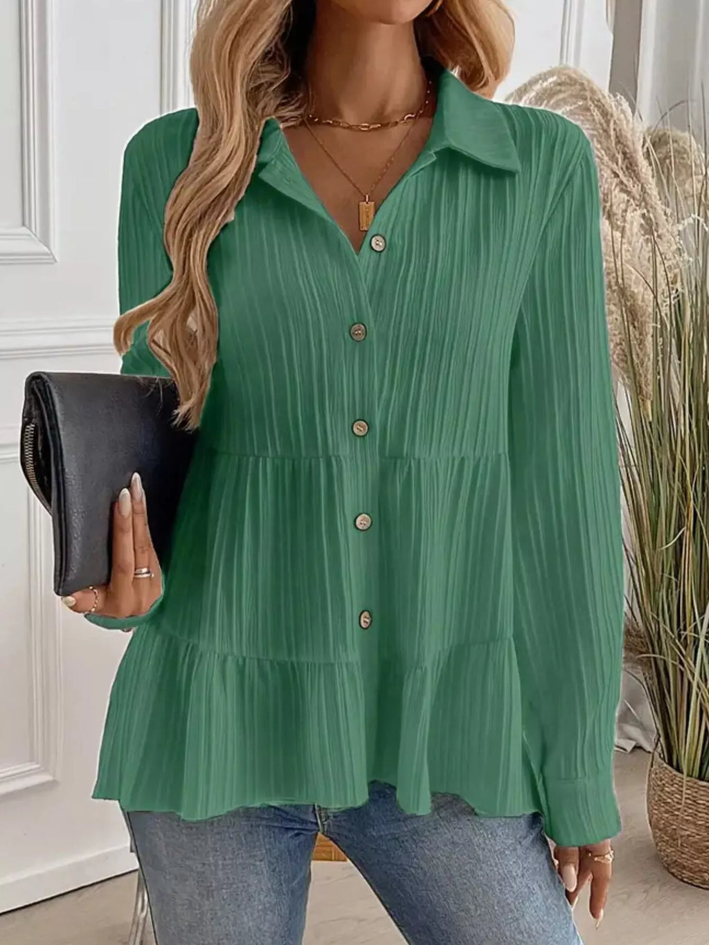 Button-Down Long Sleeve Tiered Shirt