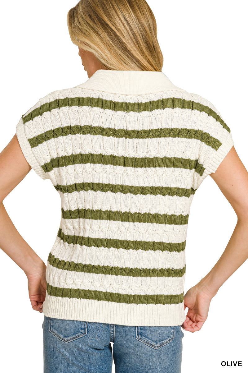 Zenana Textured Stripe Collared Sweater Vest