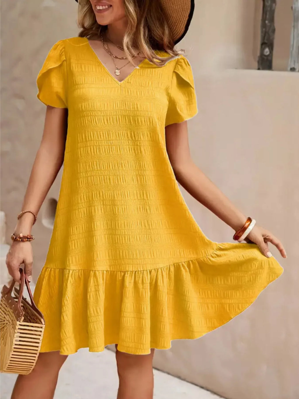 V-Neck Ruffle Hem Textured Mini Dress