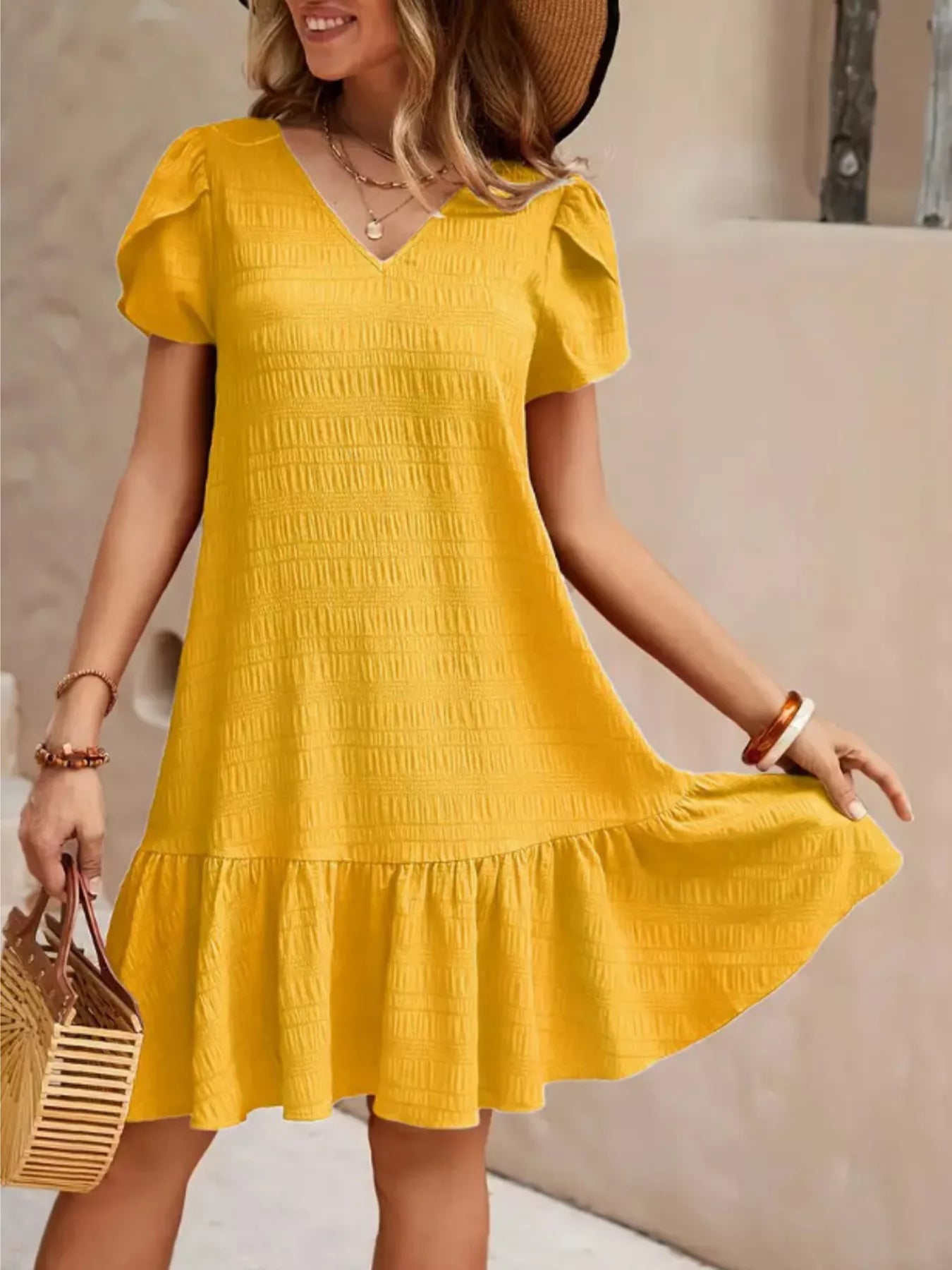 V-Neck Ruffle Hem Textured Mini Dress