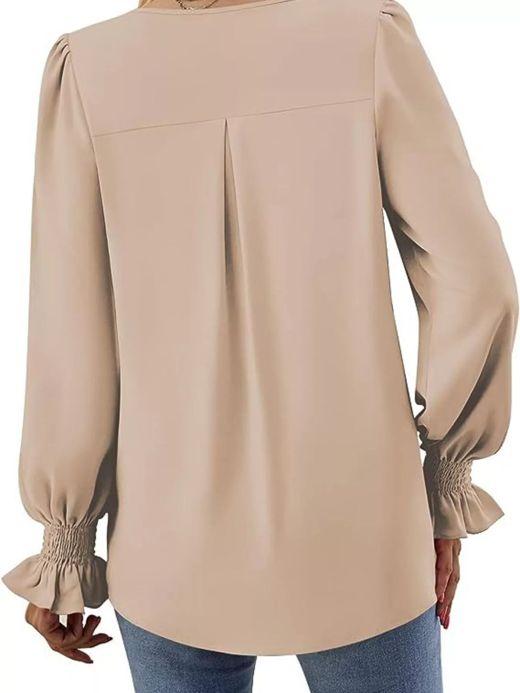 V-Neck Long Sleeve Ruffle Cuff Blouse