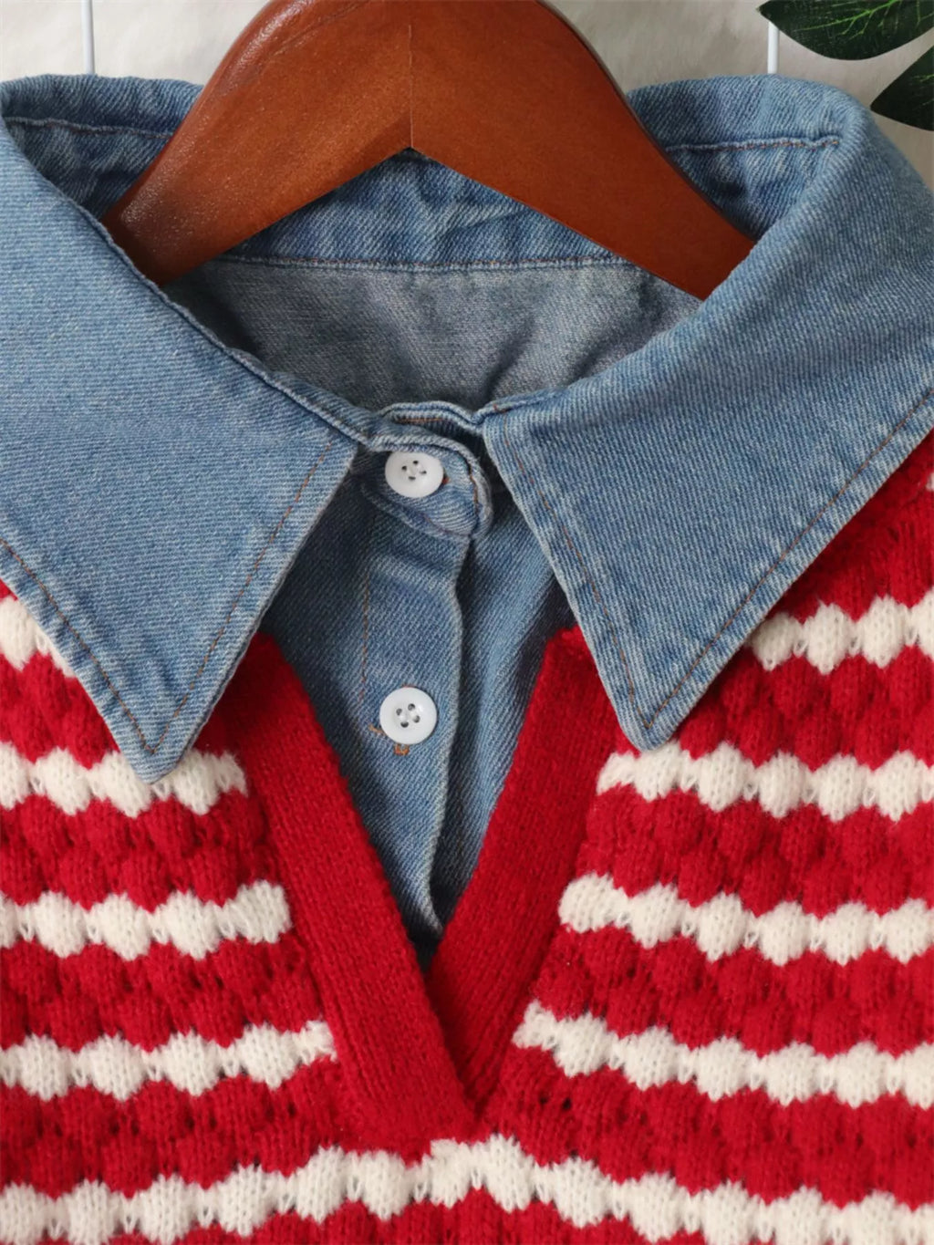 Contrast Striped Sweater with Denim Collar