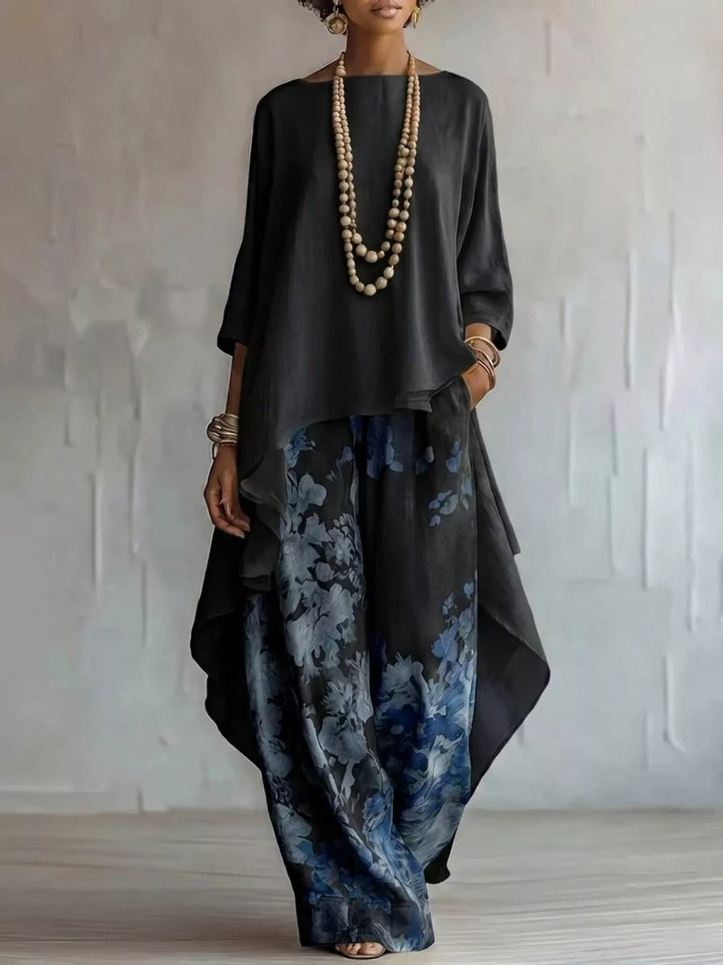 Asymmetrical Hem Top and Floral Pants Set
