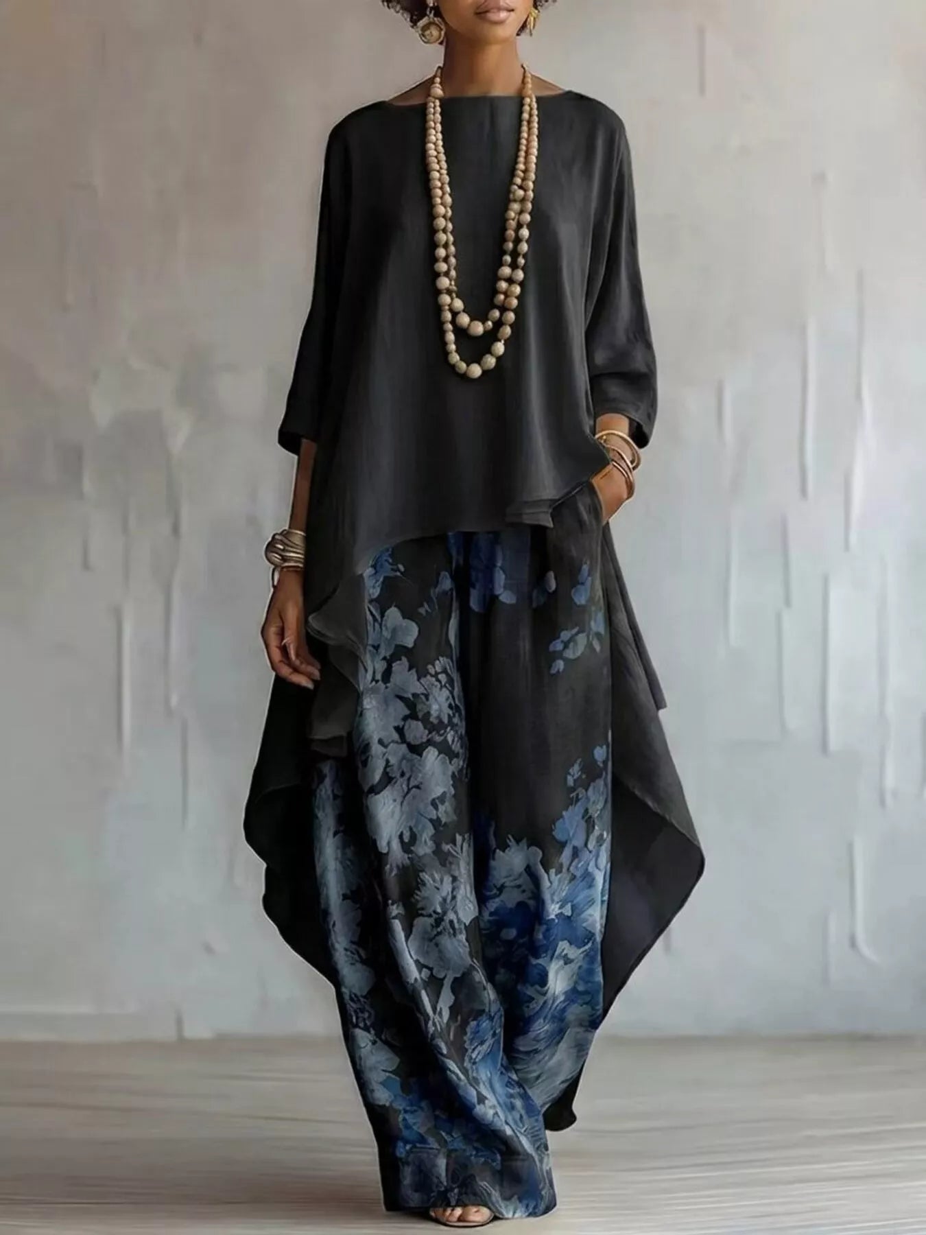 Asymmetrical Hem Top and Floral Pants Set
