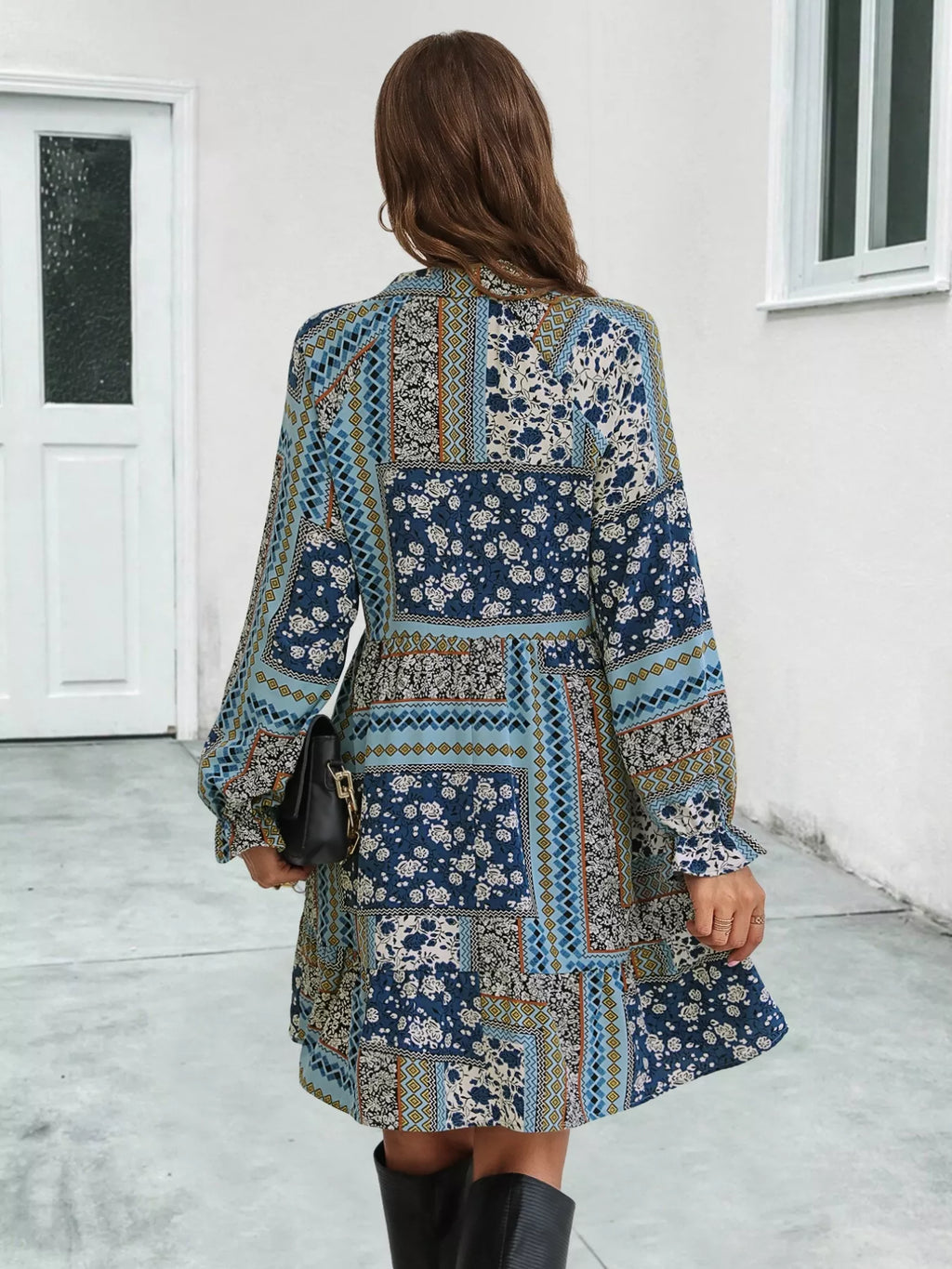 Boho Floral Print Long Sleeve Mini Dress