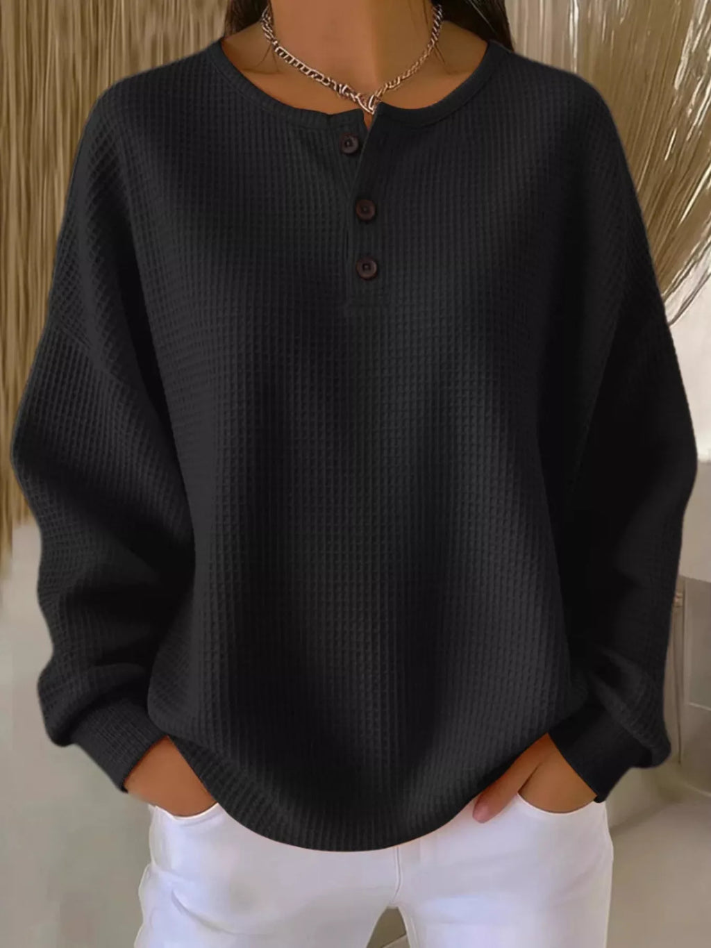 Full Size Waffle Knit Half Button T-Shirt Plus Size