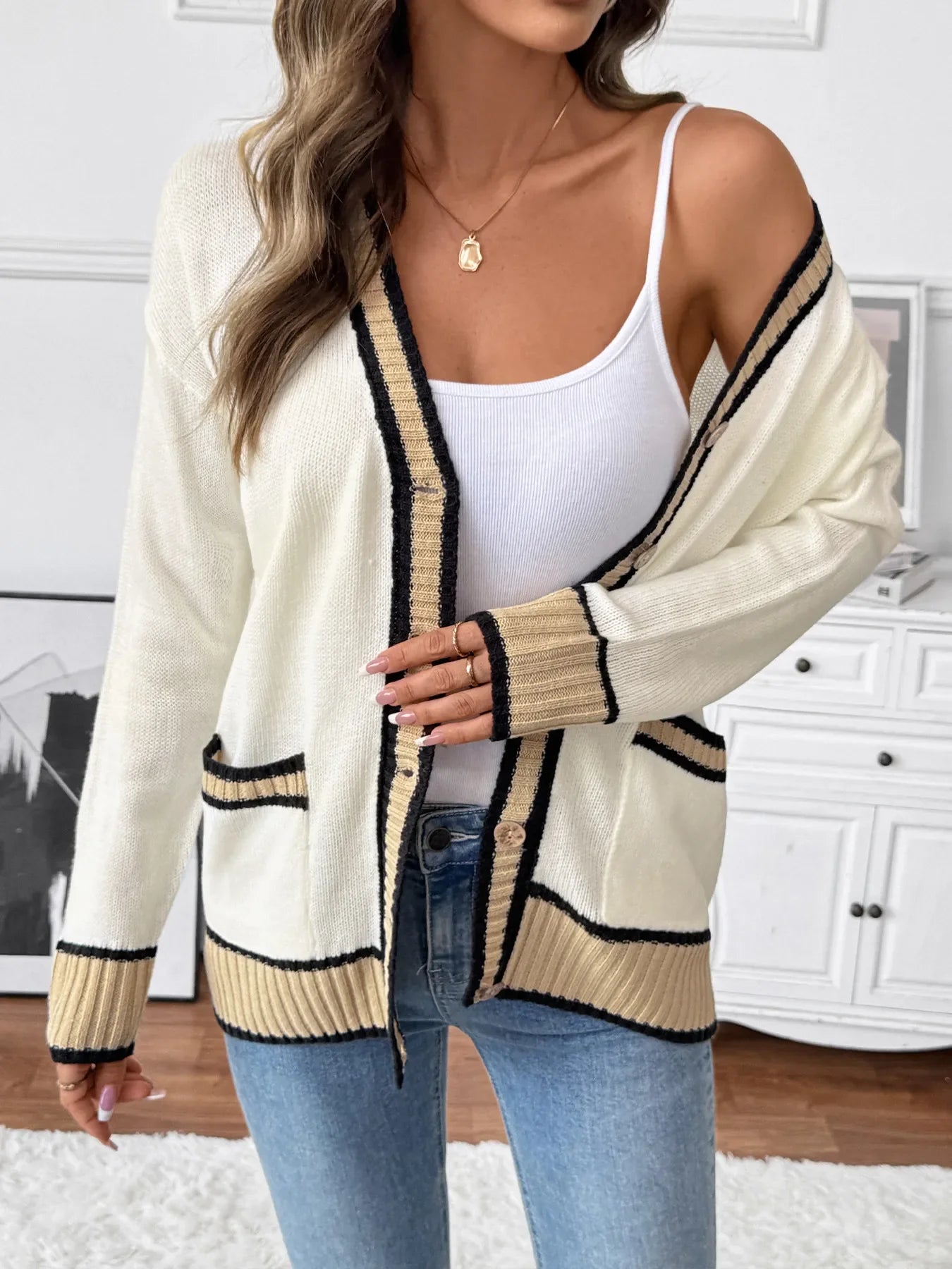 Contrast Trim Button Up Knit Cardigan