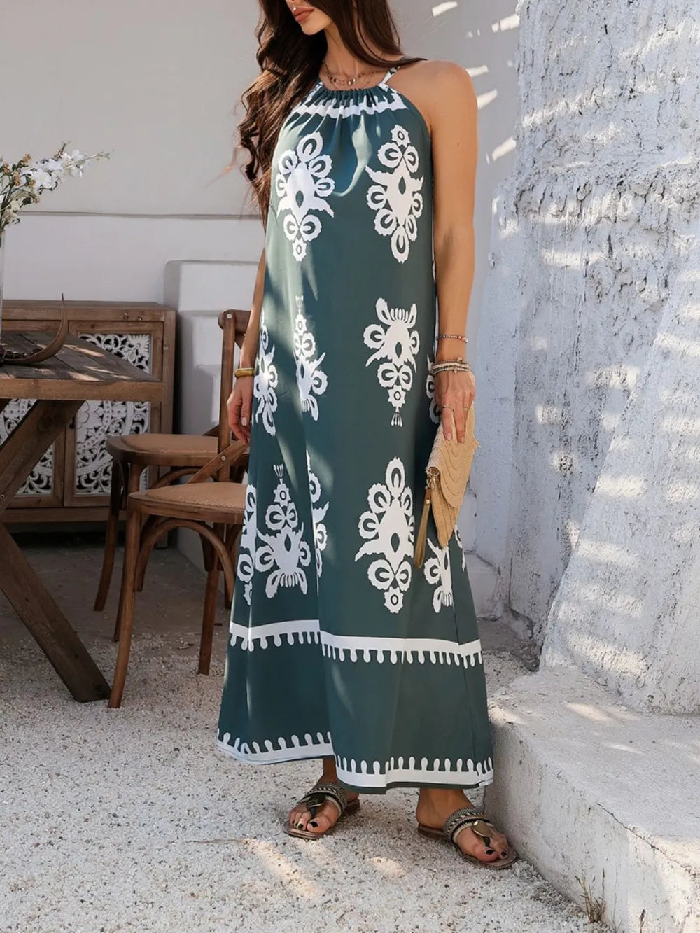Devine Grecian Neck Printed Maxi Dress