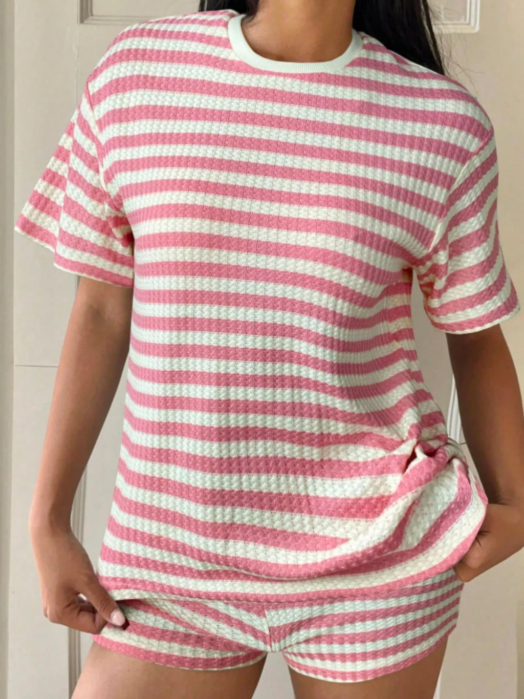 Striped Round Neck Top and Shorts Set
